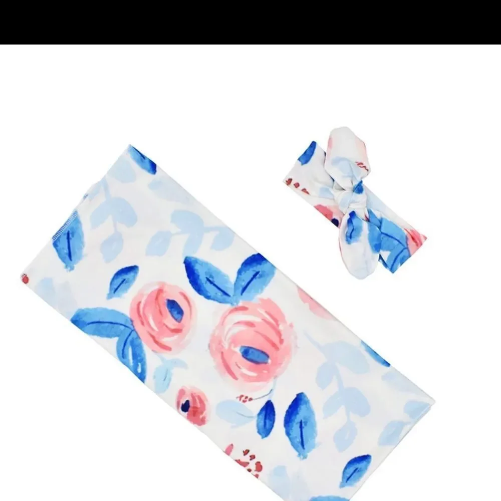 NEW Lightweight Baby Swaddle Receiving Blanket & Headband Set Stretch Jersey